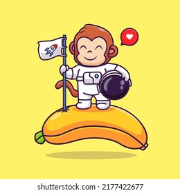 Cute Monkey Astronaut Standing On Banana Planet With Flag Cartoon Vector Icon Illustration. Science Animal Icon Concept Isolated Premium Vector. Flat Cartoon Style