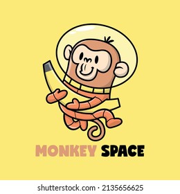 A CUTE MONKEY IN ASTRONAUT SUIT IS BRINGING A BIG BANANA. PREMIUM CARTOON VECTOR.