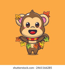 Mono lindo con decoración de hojas de otoño. Ilustración vectorial de dibujos animados de la mascota conveniente para el póster, folleto, Web, mascota, etiqueta engomada, logotipo e icono.