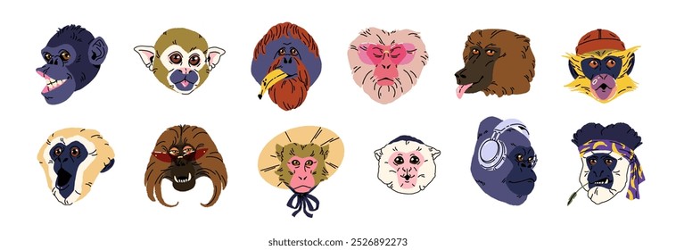 Conjunto de avatares de mono lindo. Caras de primate para el perfil de usuario. Retratos de cabeza de chimpancé divertido, gorila, tiburón, orangután, macaco, babuino. Ilustraciones vectoriales aisladas planas sobre fondo blanco