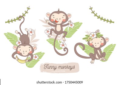 Cute monkey baby with backdrop. Stickers collection. Jungle animal cartoon character. Hand drawn kids card template and surface design.