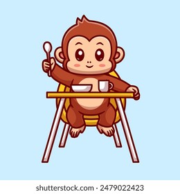 Cute Monkey Baby Eating On Baby Seat Cartoon Vector Icon Illustration. Animal Food Icon Concept Isolated Premium Vector. Flat Cartoon Style