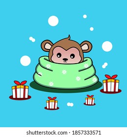 Cute monkey baby hiding in a big scarf because of chillness. Vector illustration animal in winter. Sticker, template, background, greeting card design. Merry Christmas and New Year card.