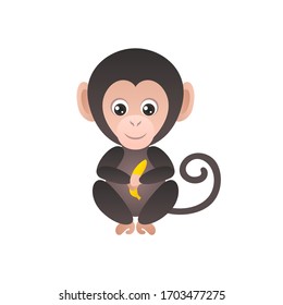 Cute monkey baby is sitting and holding a banana. Funny cartoon animal isolated on white. Vector simple illustration. Children's style. Icon.