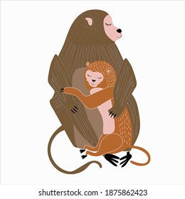 Cute Monkey with Baby Vector Illustration Doodle handrawn Style. Love Hug Logo. Package Design. Kids Room Poster Postcard. Jungle Animal Illustration. Motherhood. Mother Day.
