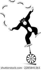 Cute monkey balances on the unicycle and juggling the bananas. Black and white