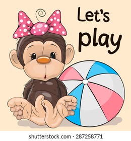 Cute Monkey with a ball on a yellow background