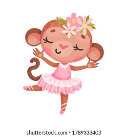 Cute Monkey in Ballerina Dress and Floral Head Decoration Dancing Vector Illustration