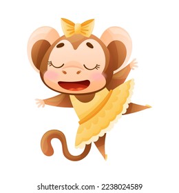 Cute monkey ballerina in yellow tutu dress. Funny baby animal dancing cartoon vector illustration