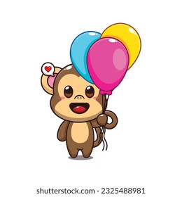 cute monkey with balloon cartoon vector illustration.