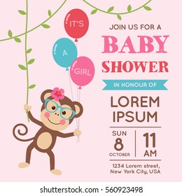 Cute monkey with balloon illustration for it's a girl baby shower invitation card design template