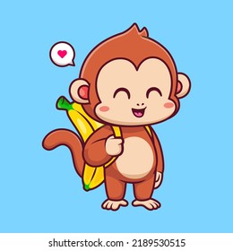 Cute Monkey With Banana Bag Cartoon Vector Icon Illustration. Animal Nature Icon Concept Isolated Premium Vector. Flat Cartoon Style