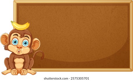 Cute monkey with banana beside a blank board