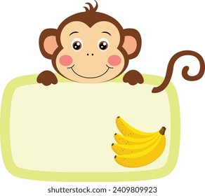 Cute monkey with with banana board sign label
