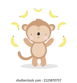 Cute Monkey with banana in cartoon style. Vector illustration in white background. For kids stuff, card, posters, banners, children books and print for clothes, t shirts.
