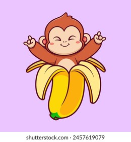 Cute Monkey In Banana Cartoon Vector Icon Illustration. Animal Food Icon Concept Isolated Premium Vector. Flat Cartoon Style