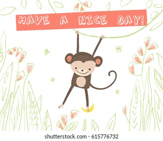 Cute monkey with banana and floral elements  on white background. Vector greeting card in cartoon style for print design of children's banners, postcards, posters, booklets.