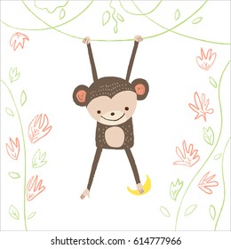 Cute monkey with banana and floral plants on white background. Vector illustration in cartoon style for print design of children's banners, postcards, posters, booklets.