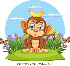 Cute monkey with banana, flowers, and butterflies