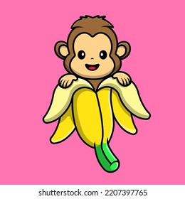 Cute Monkey In Banana Fruit Cartoon Vector Icons Illustration. Flat Cartoon Concept. Suitable for any creative project.