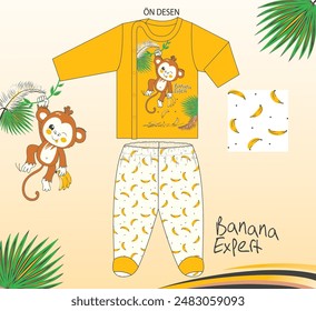 Cute Monkey and Banana Pattern Baby Pajamas
