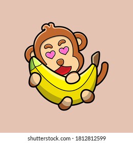 Cute monkey with banana vector. Cartoon animal illustration