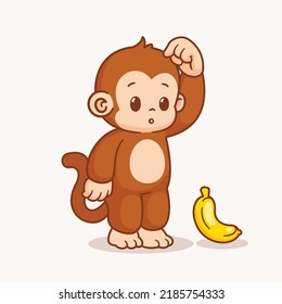 Cute Monkey With Banana Vector Icon Illustration. Cute animal mascot design icon vector isolated cartoon style.