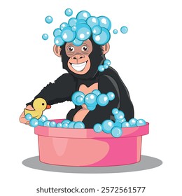 cute monkey bathing in a bathtub with soap bubbles. vector illustration.