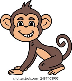 A cute monkey with a big smile on its face. The monkey is sitting on its knees and has its mouth open, as if it's about to eat something