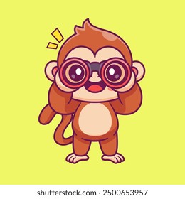 Cute Monkey With Binoculars Cartoon Vector Icon Illustration. Animal Technology Icon Concept Isolated Premium Vector. Flat Cartoon Style