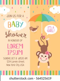 Cute monkey and bird cartoon illustration for baby shower invitation card design template