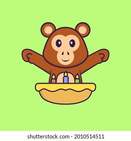 Cute monkey with birthday cake. Animal cartoon concept isolated. Can used for t-shirt, greeting card, invitation card or mascot.