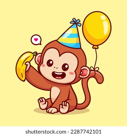 Cute Monkey Birthday Party With Balloon And Banana Cartoon Vector Icon Illustration. Animal Holiday Icon Concept Isolated Premium Vector. Flat Cartoon Style