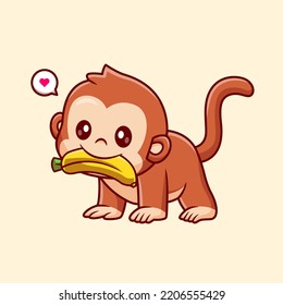 Cute Monkey Bite Banana Cartoon Vector Icon Illustration. Animal Nature Icon Concept Isolated Premium Vector. Flat Cartoon Style