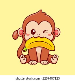 Cute Monkey Bite Banana Cartoon Vector Icon Illustration. Animal Food Icon Concept Isolated Premium Vector. Flat Cartoon Style