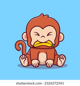 Cute Monkey Bite Banana Cartoon Vector Icon Illustration. Animal Food Icon Concept Isolated Premium Vector. Flat Cartoon Style