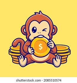 Cute Monkey Bite Gold Coin Cartoon Vector Icon Illustration. Animal Finance Icon Concept Isolated Premium Vector. Flat Cartoon Style