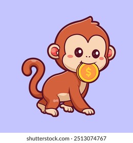 Cute Monkey Bite Gold Coin Cartoon Vector Icon Illustration. Animal Finance Icon Concept Isolated Premium Vector. Flat Cartoon Style