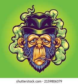 Cute monkey in black hat smoking weed vector illustrations for your work logo, merchandise t-shirt, stickers and label designs, poster, greeting cards advertising business company or brands