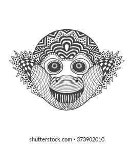Cute monkey. Black white hand drawn doodle animal. Ethnic patterned vector illustration. African, indian, totem, tribal, zentangle design. Sketch for coloring page, tattoo, poster, print, t-shirt