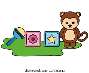 cute monkey with blocks and bell character