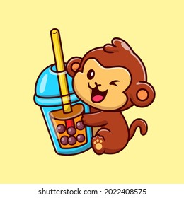 Cute Monkey With Boba Milk Tea Cartoon Vector Icon Illustration. Animal Drink Icon Concept Isolated Premium Vector. Flat Cartoon Style