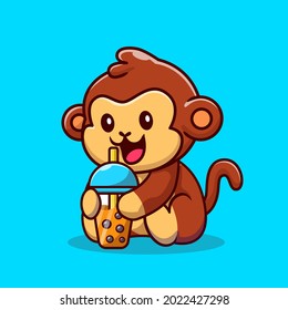 Cute Monkey With Boba Milk Tea Cartoon Vector Icon Illustration. Animal Drink Icon Concept Isolated Premium Vector. Flat Cartoon Style