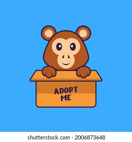 Cute monkey in box with a poster Adopt me. Animal cartoon concept isolated. Can used for t-shirt, greeting card, invitation card or mascot.