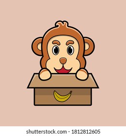 Cute monkey in box vector. Cartoon animal illustration