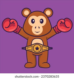 Cute monkey in boxer costume with champion belt. Animal cartoon concept isolated. Can used for t-shirt- greeting card- invitation card or mascot.