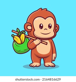 Cute Monkey Bring Banana With Bag Cartoon Vector Icon Illustration. Animal Nature Icon Concept Isolated Premium Vector. Flat Cartoon Style