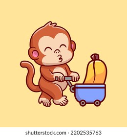 Cute Monkey Bring Banana With Trolley Cartoon Vector Icon Illustration. Animal Nature Icon Concept Isolated Premium Vector. Flat Cartoon Style