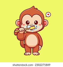 Cute Monkey Brushing Teeth Cartoon Vector Icon Illustration. Animal Healthy Icon Concept Isolated Premium Vector. Flat Cartoon Style