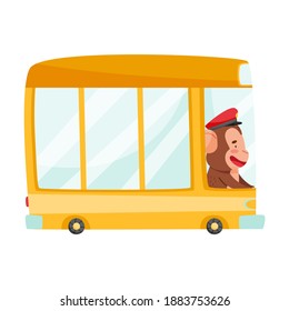 Cute Monkey Bus Driver with Protruding Ears Driving Public Transport Vector Illustration
